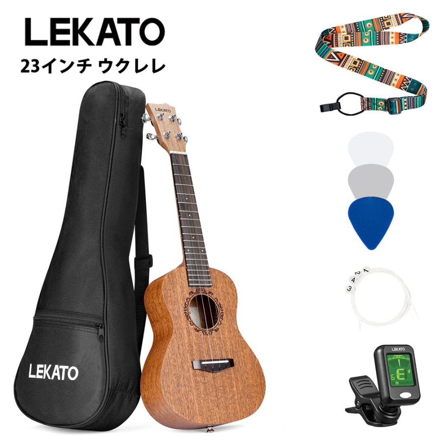 LEKATO ウクレレ 23インチ ストラップ ナイロン弦 チューナー