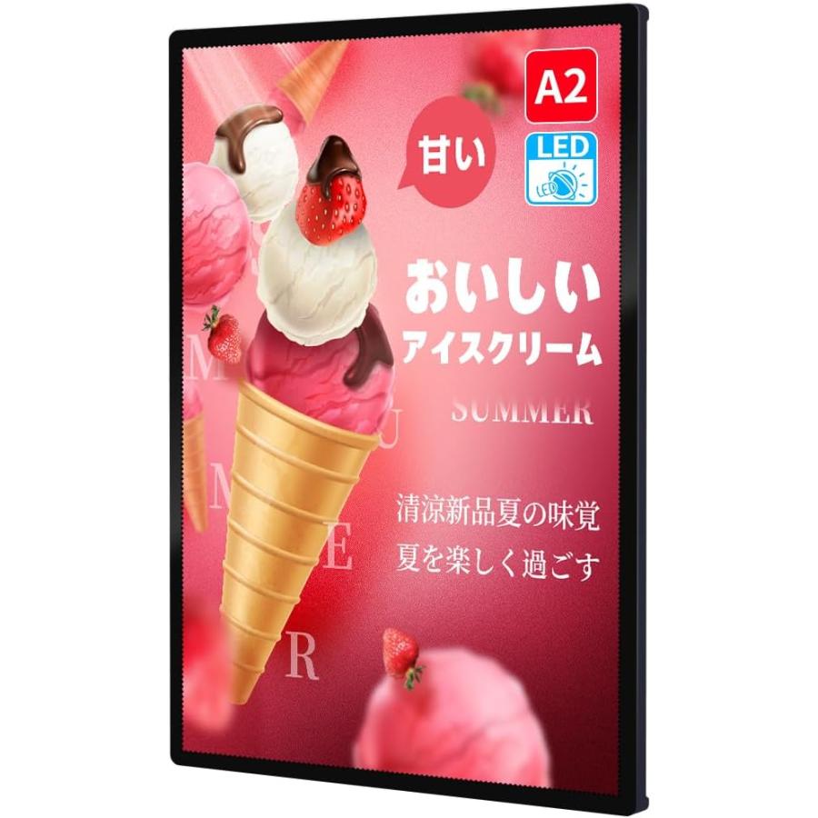 LEDポスターパネル 看板 薄型 卓上 壁掛け 光る看板 光るポスターフレーム ポスター入れLED看板 電飾看板 高輝度 高照度5500Lux A4サイズ ブラック | 