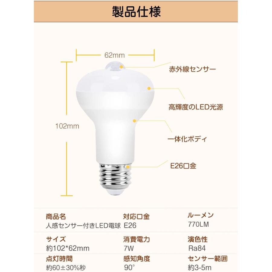 LED電球 E26口金 人感センサーライト 室内 玄関照明 7W 60W相当 770LM 高輝度 LED蛍光灯 明暗センサー 自動点灯消灯 節電 2700K 電球色 2個セット｜hikarie2022-store｜09