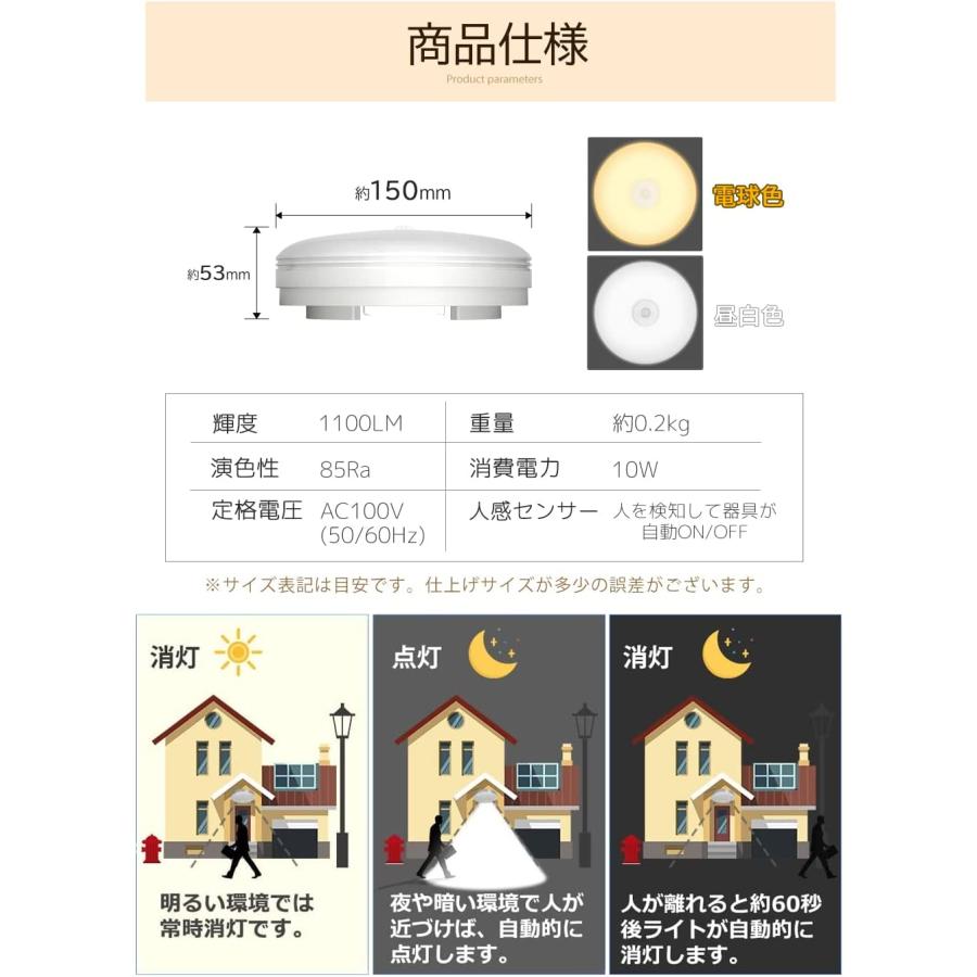 LEDセンサーライト 小型 人感センサー付 LEDシーリングライト 4畳 照明器具 玄関灯 廊下灯 10W消費電力 60W相当 1100lm 天井照明 昼白色｜hikarie2022-store｜06