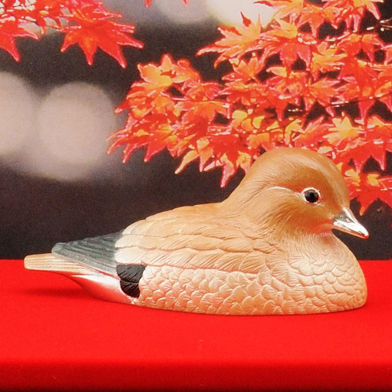 鴛鴦、オシドリの置物、ガラス材と銀製