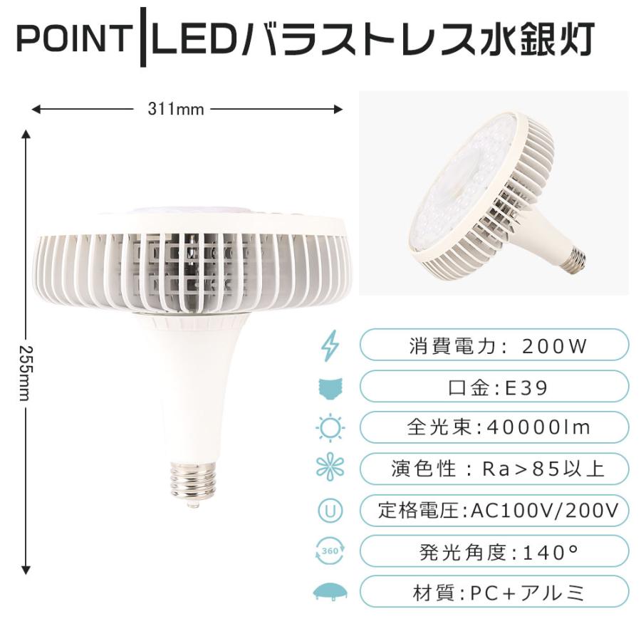 10個セット LEDバラストレス水銀灯 E39口金 200W 2000W水銀灯相当 LEDビーム電球 E39 ビーム型LED電球 水銀灯交換用 ハロゲン電球 天井照明 看板照明 倉庫照明の画像