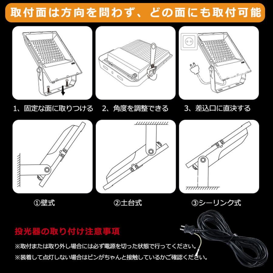 LED投光器 150W 1500w相当 30000LM超高輝度 超薄型 省エネ IP65防水防塵 屋内屋外兼用 120°広角 作業灯 防犯灯 集魚灯 看板スポットライト 1年保証 昼白色5000K｜hikariled｜13