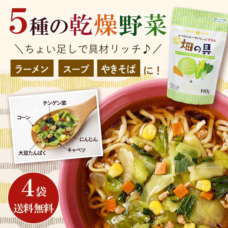 塩500gおまけ付き スープ ラーメンの具 畑の具190gx4袋 キャベツ チンゲン菜 コーン にんじん 大豆 ひかり味噌 乾燥野菜 非常食 防災 保存食 インスタント 即席 ひかり味噌公式 Paypayモール店 通販 Paypayモール