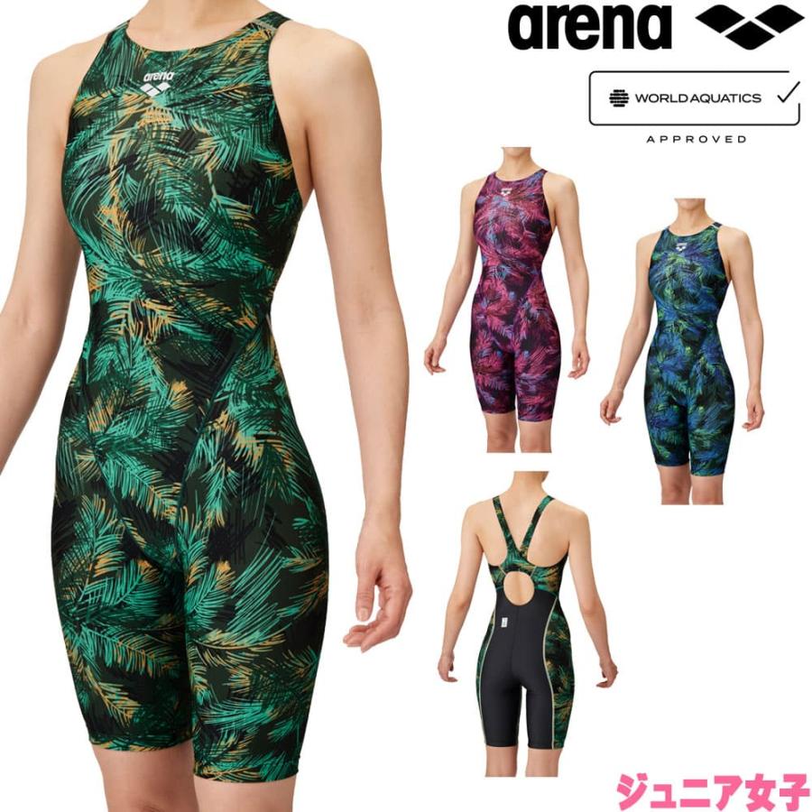 アリーナ ARENA 競泳水着 ジュニア女子 WA承認 レーシングスパッツ オープンバック ハーフレッグ オールインワン AQUA RACING AQUA STRIPE-D 2025年春夏モデル | アリーナ