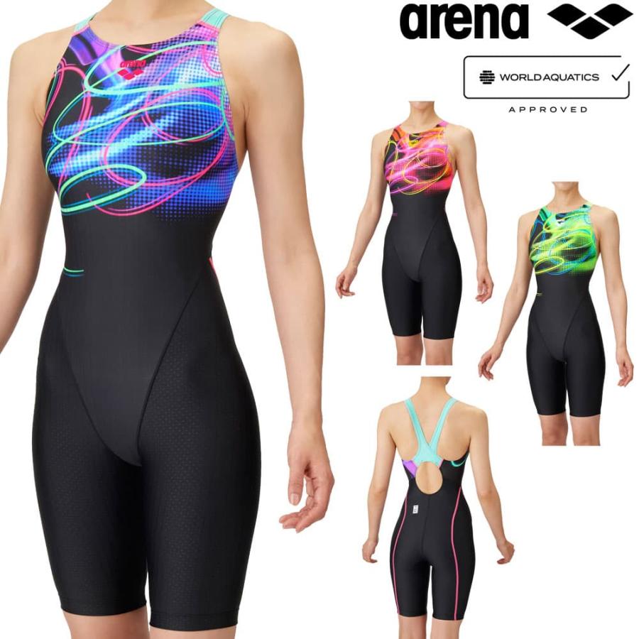 アリーナ ARENA 競泳水着 レディース WA承認 レーシングスパッツ オープンバック ハーフレッグ オールインワン AQUA RACING AQUA STRIPE-D 2025年春夏モデル | アリーナ