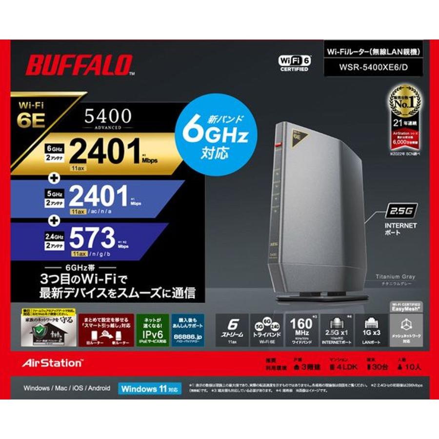 BUFFALO バッファロー AirStation 無線LAN Wi-fiルーター Wi-Fi6E 11ax/ac/n/a/g/b 2401＋2401+573Mbps IPV6対応 EasyMesh対応 WSR-5400XE6/Dの画像