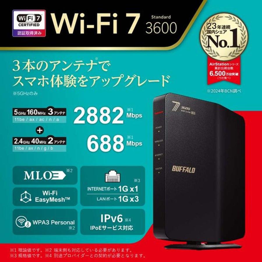 BUFFALO バッファロー 無線LAN親機11be/ax/ac/n/a/g/b 2882+688Mbps ブラック WSR3600BE4P/DBKの画像