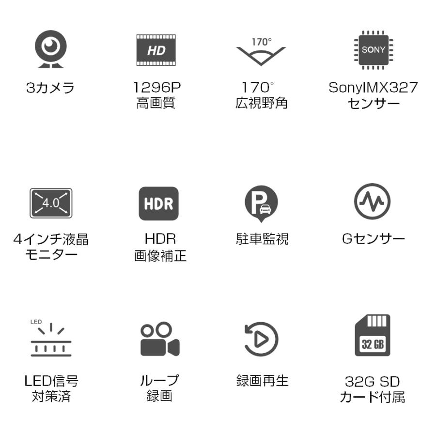 ドライブレコーダー 3カメラ同時録画 170度超広角 4.0インチ 1296P SONYIMX327センサー HDR画像補正 駐車監視 Gセンサー ループ録画 32GBSDカード付き 1年保障 | ブランド登録なし | 02