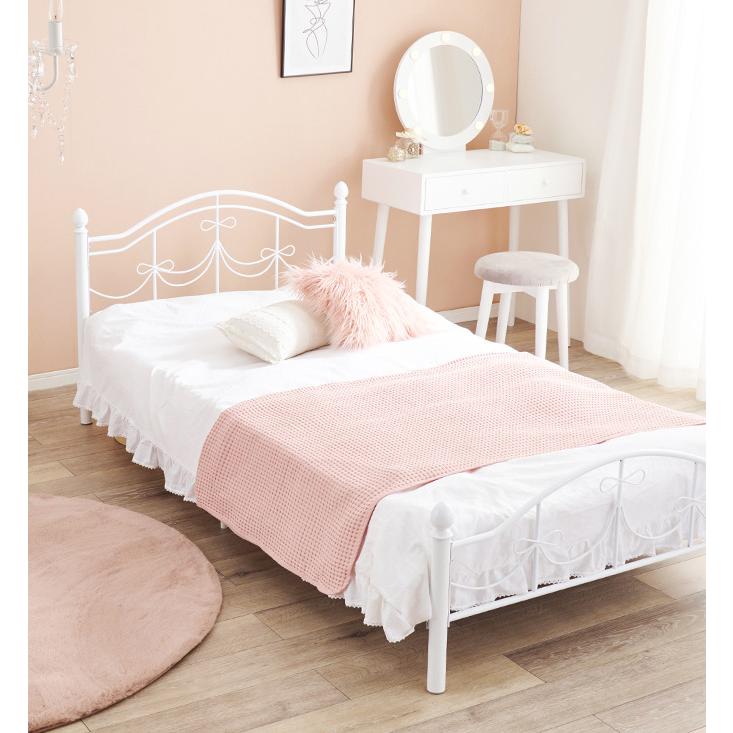 【新品】リボンレリーフが可愛いプリンセスベッド セミシングル ホワイト シングル ベッド bed ガーリー 女の子 お姫様 プリンセス リボン 白