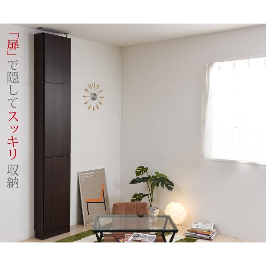 壁面収納突っ張り薄型本棚扉付き目隠しキャビネットふた（とびら）付きなので壁と同化