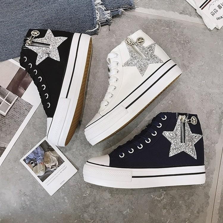 ハイカットスニーカー レディース キャンバス シューズ おしゃれ 厚底 白黒 カジュアル 婦人 靴 かわいい 星柄 43 Himamarishop 通販 Yahoo ショッピング