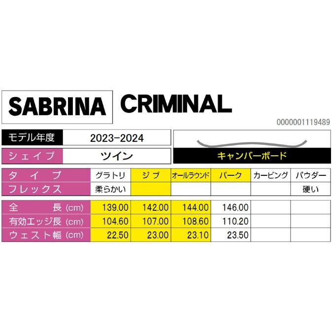 秋冬の主役◎ サブリナ SABRINA スノーボード 板 レディース クリミナル CRIMINAL ジブ オールラウンド パーク 【4492977975】(22900円)