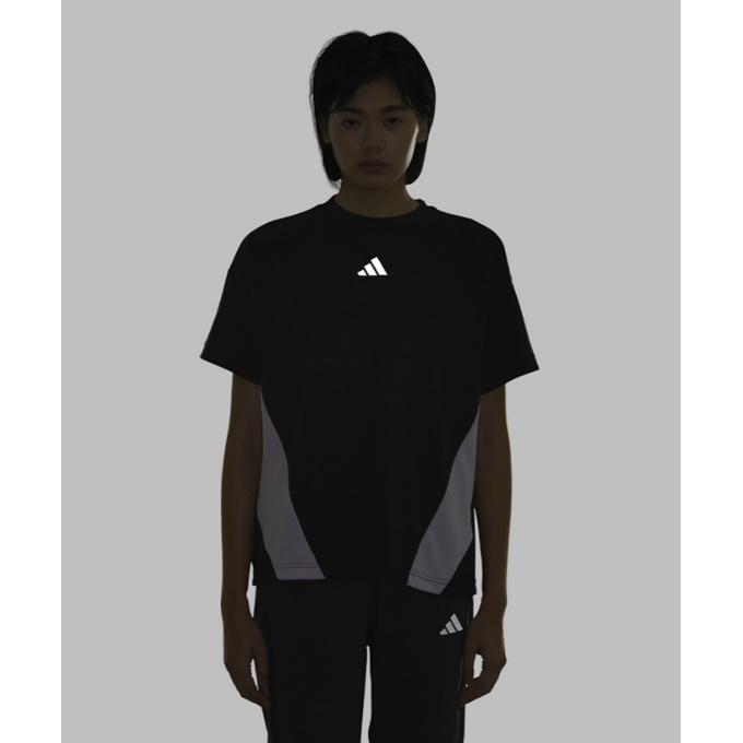 【グレー】異素材カラーブロック 半袖Tシャツ adidas（アディダス） Tシャツ 半袖 レディース カラーブロック 半袖T