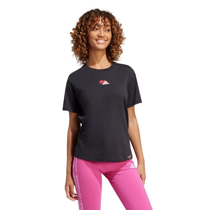 新品 アディダス セットアップ 春夏 パンツスタイル 半袖シャツ 黒 ピンク adidas（アディダス） Tシャツ 半袖 レディース ラウンジ ミニ