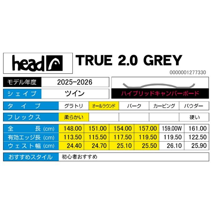 ヘッド(HEAD) スノーボード 板 メンズ トゥルー 2.0 グレー TRUE 2.0
