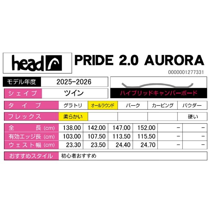 HEAD（ヘッド） スノーボード 板 レディース プライド2.0 オーロラ