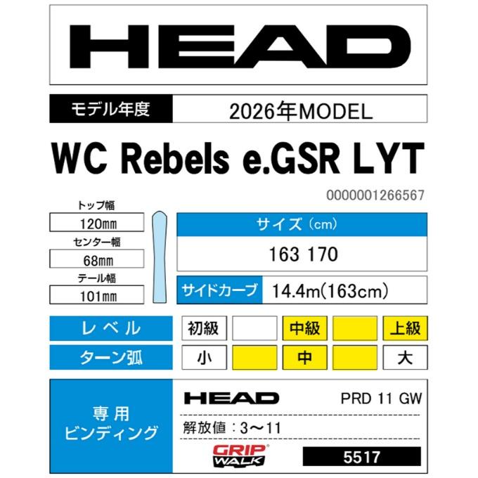 【新品未使用】HEAD WORLDCUP REBELS E.GSR 163cm HEAD（ヘッド） スキー板 オールラウンド 2点セット メンズ WC Rebels