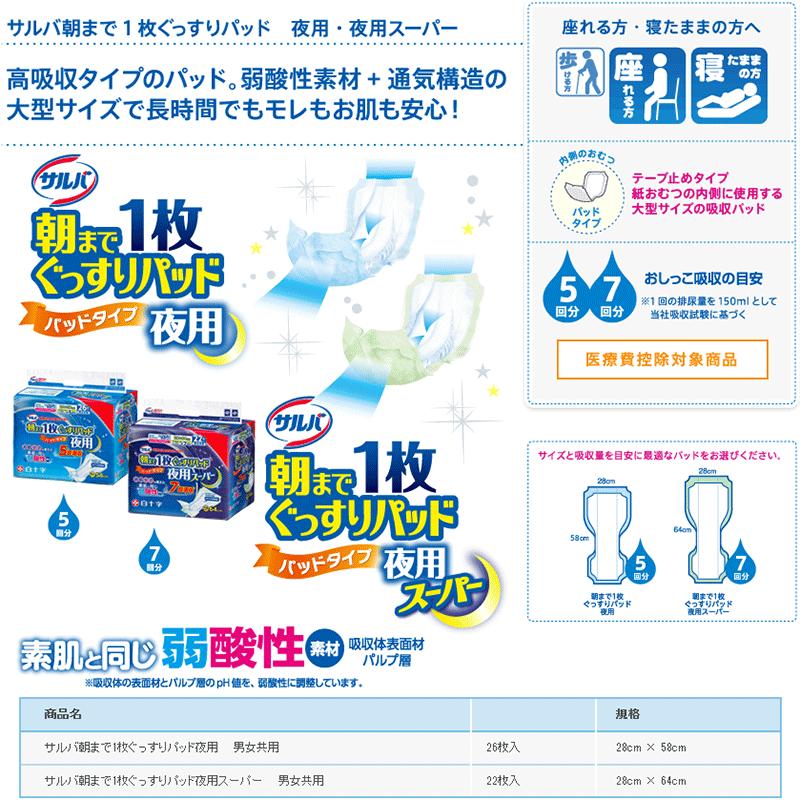 大人用紙おむつ 白十字 サルバ朝まで1枚ぐっすりパッド夜用 5回吸収