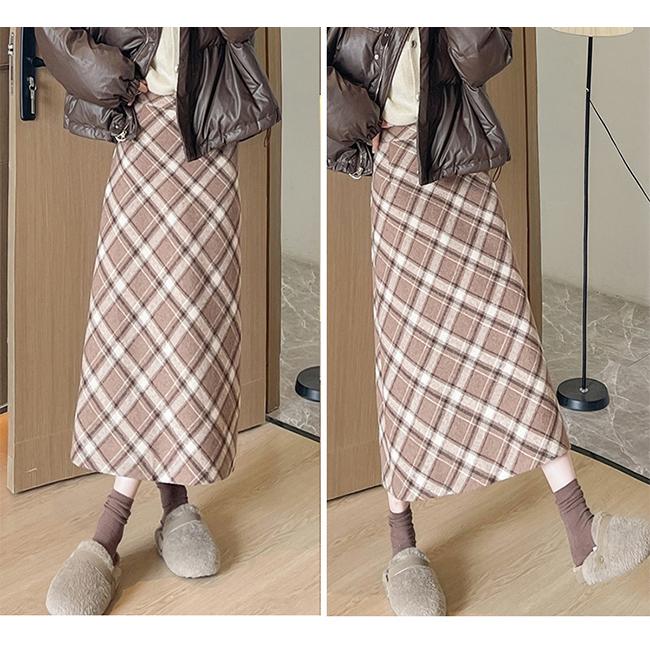 スカート 裏起毛 タイトスカート チェック柄 スリット ペンシル