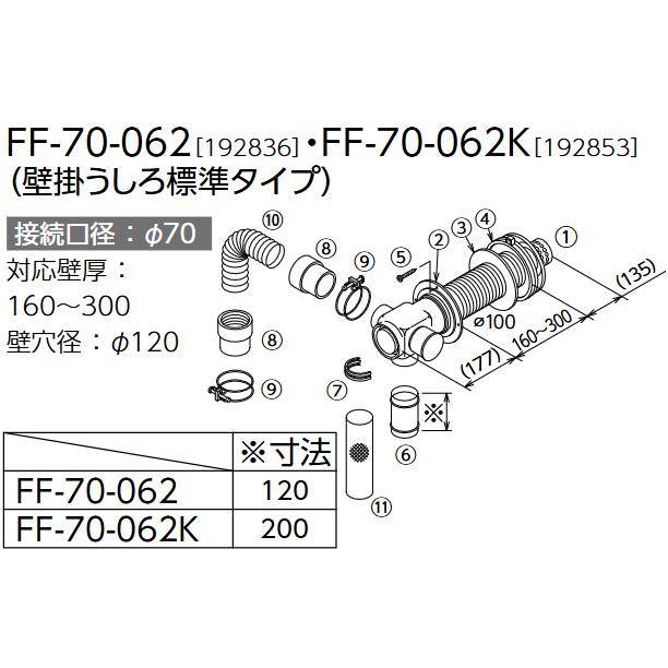 長府製作所 うす型給排気筒 FF-70-062/FF-70-062K 壁掛うしろ標準 接続