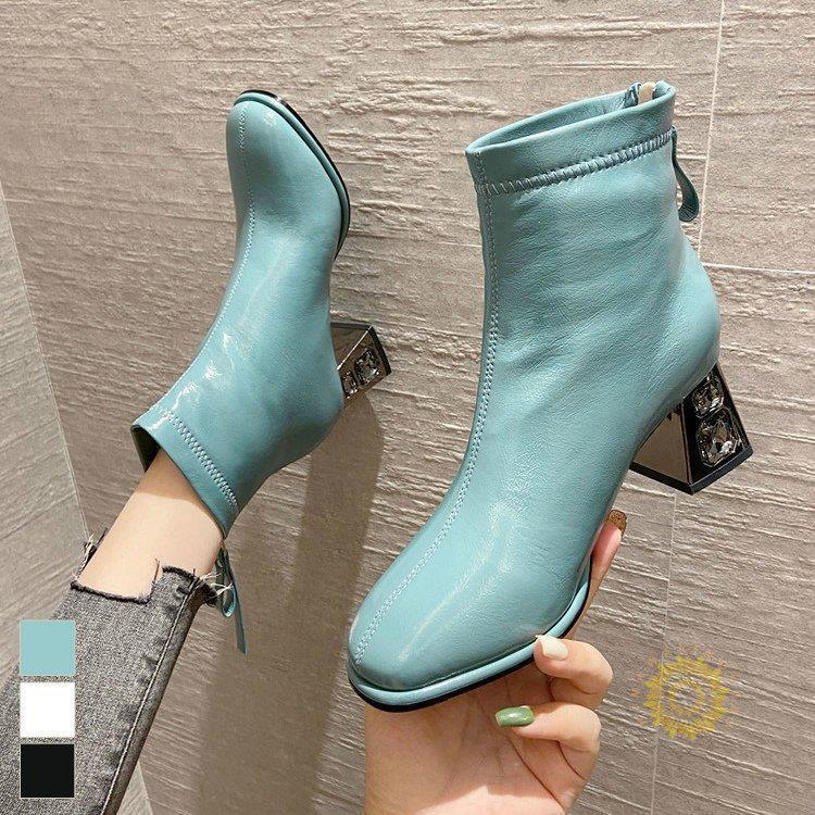 スーパーdeal ブーティ ショートブーツ レディース チャンキーヒール ジップアップ 無地 高級感 ビジュー ホワイト ブラック ブルー お洒落 イベント清楚 フィット 人気セール Www Superavila Com