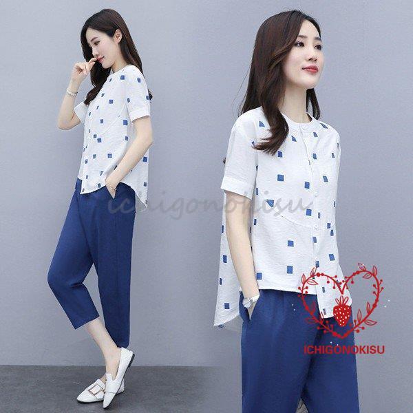 福袋特集 セットアップ レディース 夏 カジュアル 40代 30代 韓国風 上下セット シャツ 半袖 綿麻 ドット柄 七分丈パンツ 大きいサイズ おしゃれ 着痩せ 通勤 Ol 新品 Nrg2peers Com