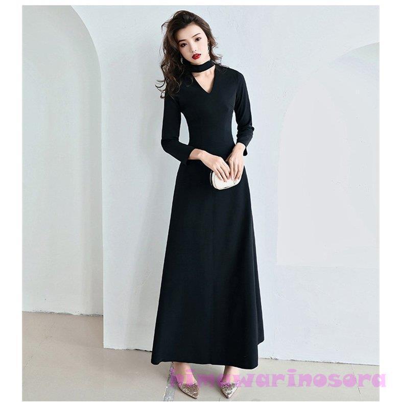 ロングドレス パーティードレス ブラックワンピース 演奏会 袖あり Vネック 結婚式 ロングワンピース ピアノ 発表会 お呼ばれ 二次会 披露宴 上品 大人 高級 黒 税込