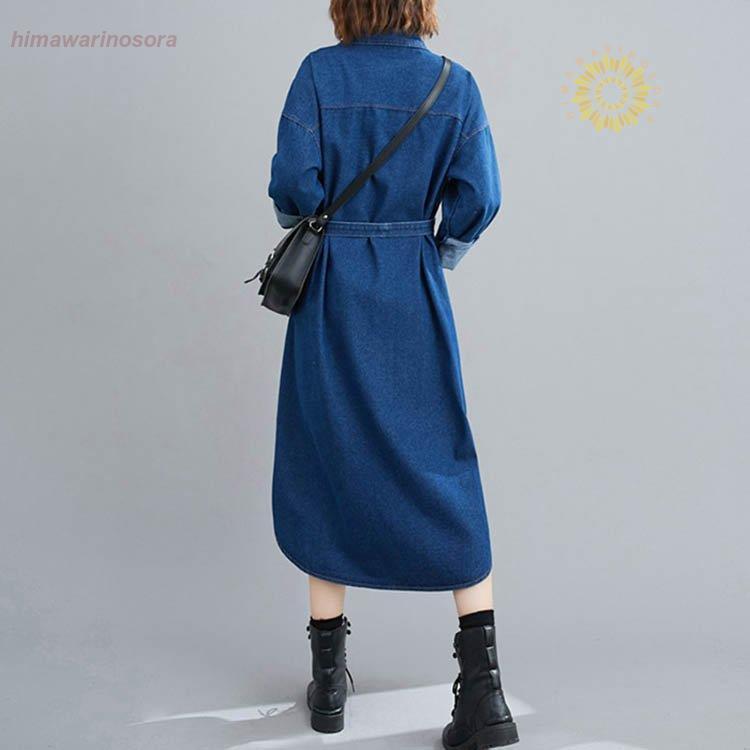 デニムワンピース ロング デニム 開襟 シャツワンピース デニム ポケット ワンピース 長袖 デニム生地 大人 代 30代 40代 ウエストリボン アウター 羽織 Zh0422 Mtnvz713 向日葵の空 通販 Yahoo ショッピング