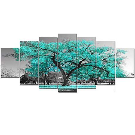 新しいブランド Art Visual Decor フレームとストレッチペイ 写真プリント 白黒 風景 木 ティールグリーン ウォールアート キャンバス 7ピース XL 日本画