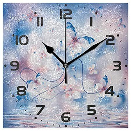 Naanle 正方形 花 正方形 壁時計 インテリア時計 素晴らしい蝶の妖精 壁時計 静音 静音