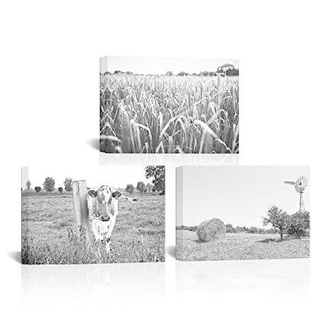 3ピース ブラックとホワイト 素朴な壁キャンバス画 農場の風景 秋 小麦畑 収穫 写真 牛 動物 アートワーク 秋 自然 風景 絵画プリント リビング