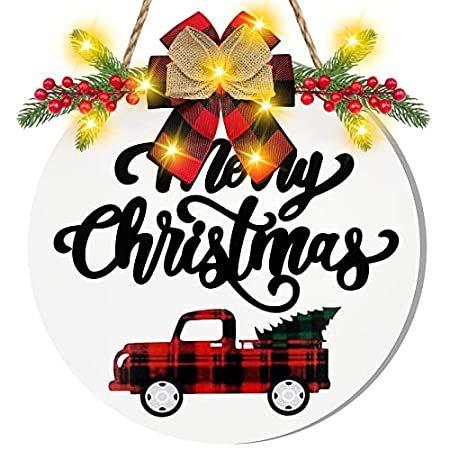 12インチ レッド トラック クリスマス リース サイン 10個のライト付き フロントドア用 電池式 バッファロー チェック レッド ベリー 松ぼっく