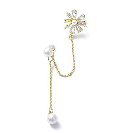 【完売】  Cuff Ear CZ Flower Wrap wi Chain Dangling Earrings Crawler Earrings Climber ピアス