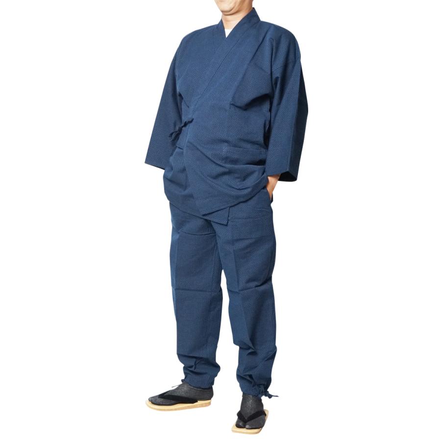 【ひめか】作務衣 日本製 メンズ 大柄 刺し子織作務衣 さむえ 綿100％ S/M/L/LL/3L 1054 サムエ 作業着 部屋着 普段着 ルームウエア 上下セット　濃紺Ｓ