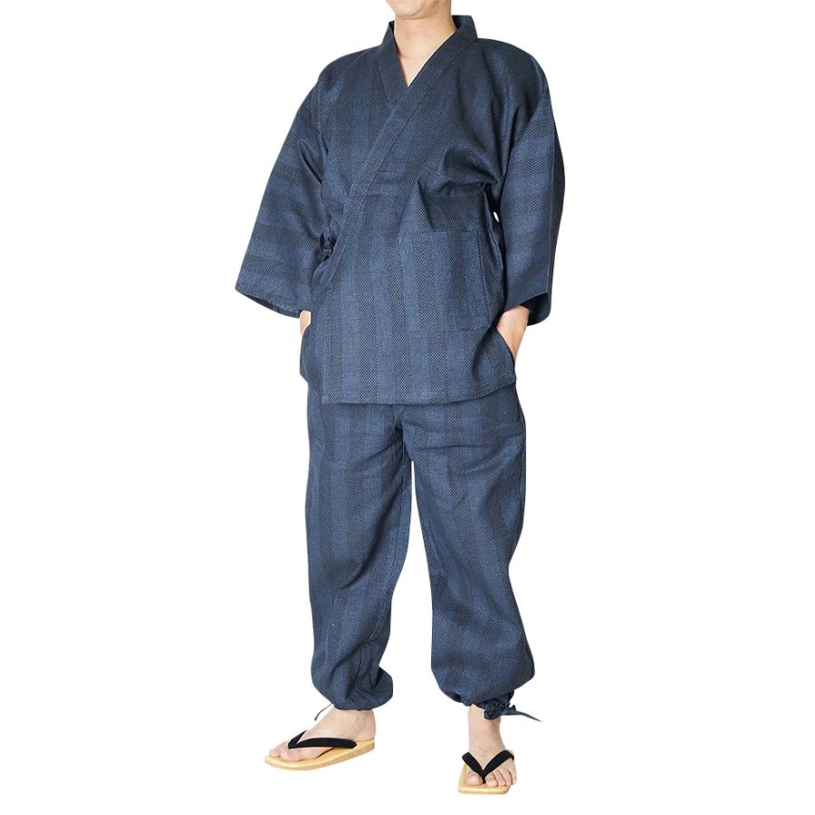 【ひめか】作務衣 メンズ 纏織り刺し子作務衣 さむえ 綿100％　紺藍　L