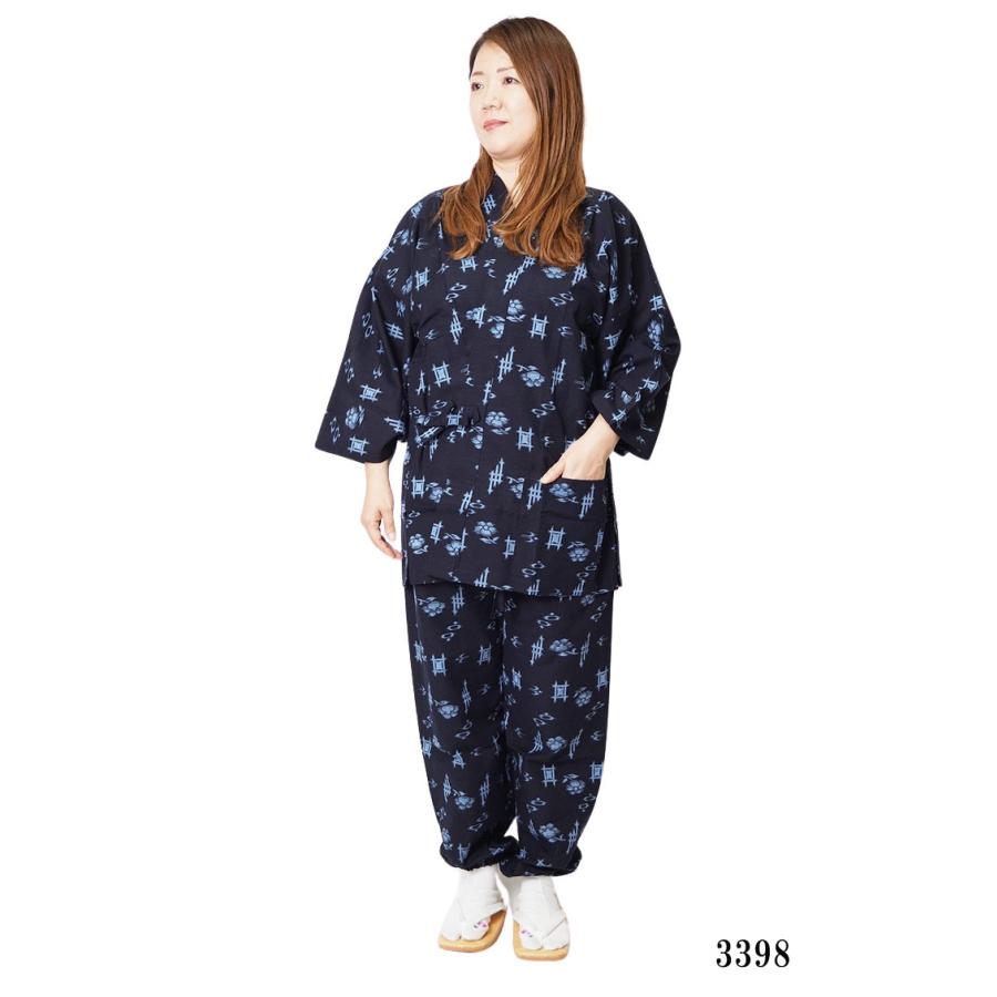 作務衣 日本製 レディース 絣もんぺルック 女性 さむえ M/L 婦人 サムエ 作業着 普段着 仕事着 作業着 ユニフォーム 制服 プレゼント 上下セットの画像