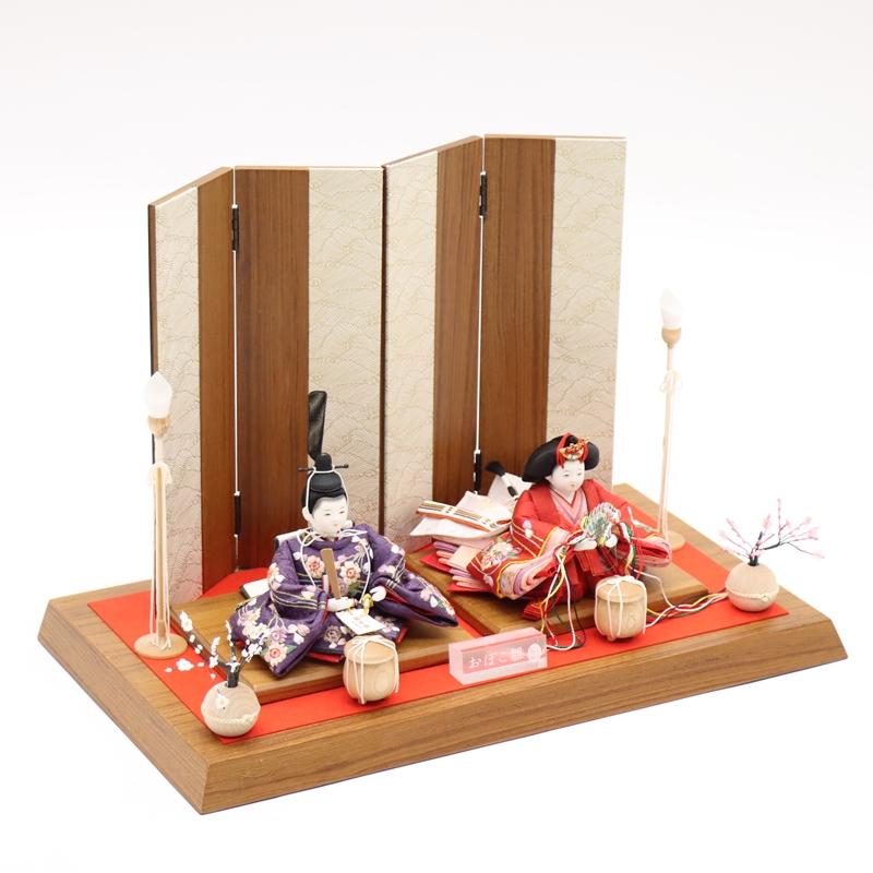 雛人形 おぼこ雛親王平飾 陽茉莉〜ひまり 松寿 三寸 2人 幅50cm 流水桜刺繍 金彩浪屏風 木目_4