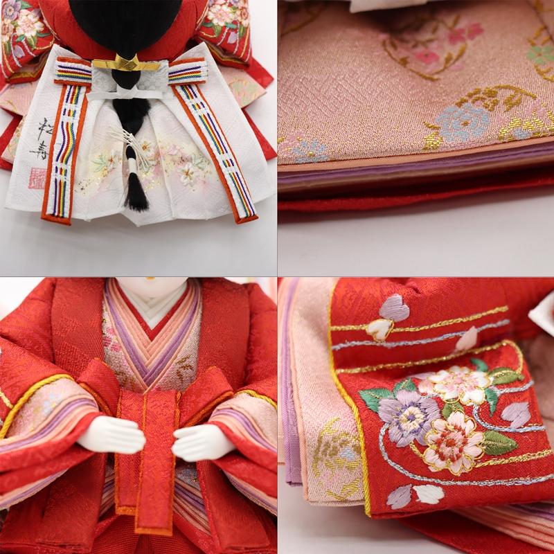 雛人形 おぼこ雛親王平飾 陽茉莉〜ひまり 松寿 三寸 2人 幅50cm 流水桜刺繍 金彩浪屏風 木目_9