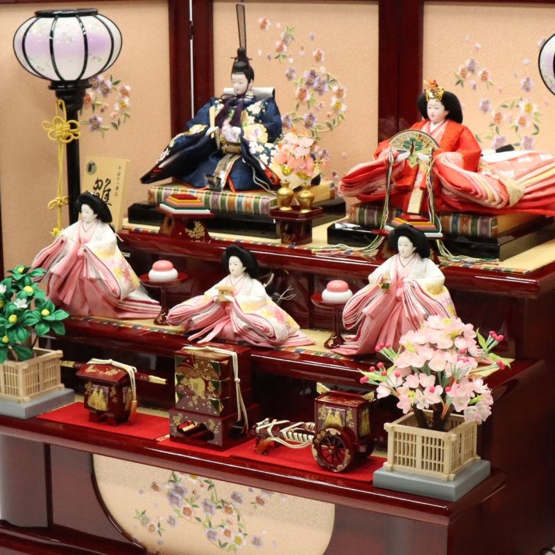 雛人形 段飾り 春菜 十番親王 小三五官女 雪輪桜刺繍 春慶塗り落とし屏風辻が花 2025-yg005 幅140cm 三段飾_12