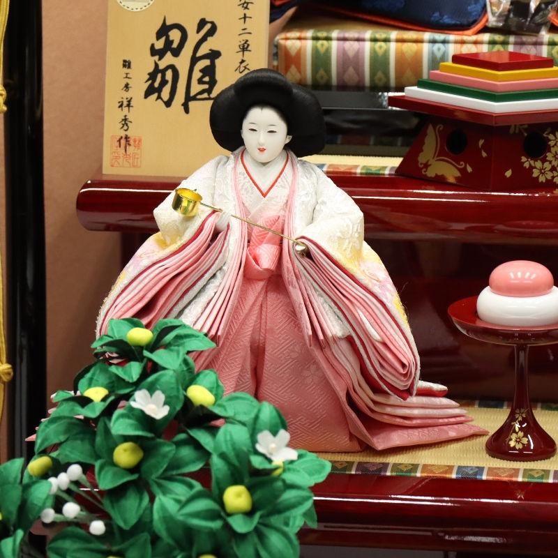 雛人形 段飾り 春菜 十番親王 小三五官女 雪輪桜刺繍 春慶塗り落とし屏風辻が花 2025-yg005 幅140cm 三段飾_9