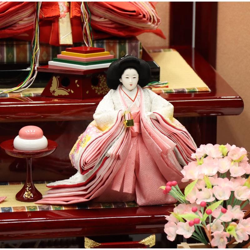 雛人形 段飾り 春菜 十番親王 小三五官女 雪輪桜刺繍 春慶塗り落とし屏風辻が花 2025-yg005 幅140cm 三段飾_10