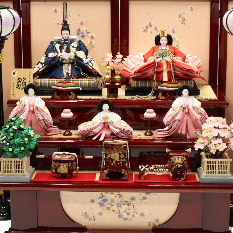 雛人形 段飾り 春菜 十番親王 小三五官女 雪輪桜刺繍 春慶塗り落とし屏風辻が花 2025-yg005 幅140cm 三段飾_11