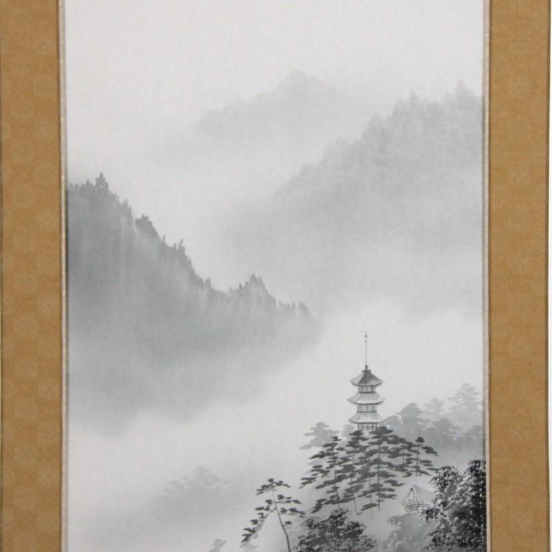 アウトレット品 掛軸山水画 尺五 水墨山水 (筆者：田尻一根) 22a-ya