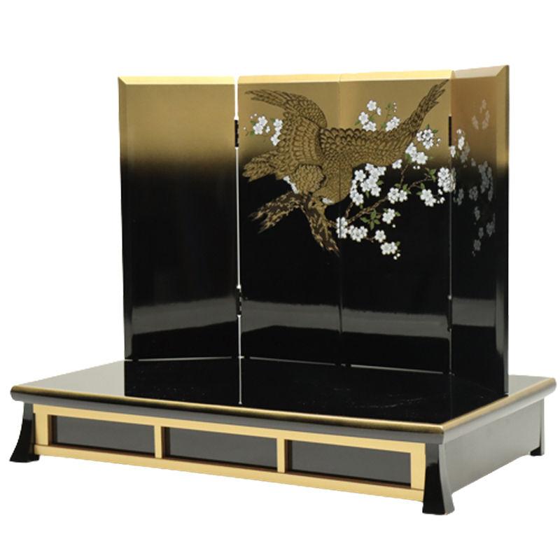 アウトレット品 台屏風セット 13号/20号 桜鷹 四曲屏風/黒金ボカシ脚 