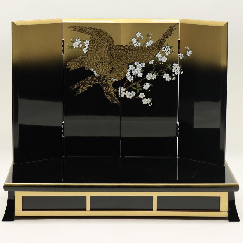 アウトレット品 台屏風セット 13号/20号 桜鷹 四曲屏風/黒金ボカシ脚 