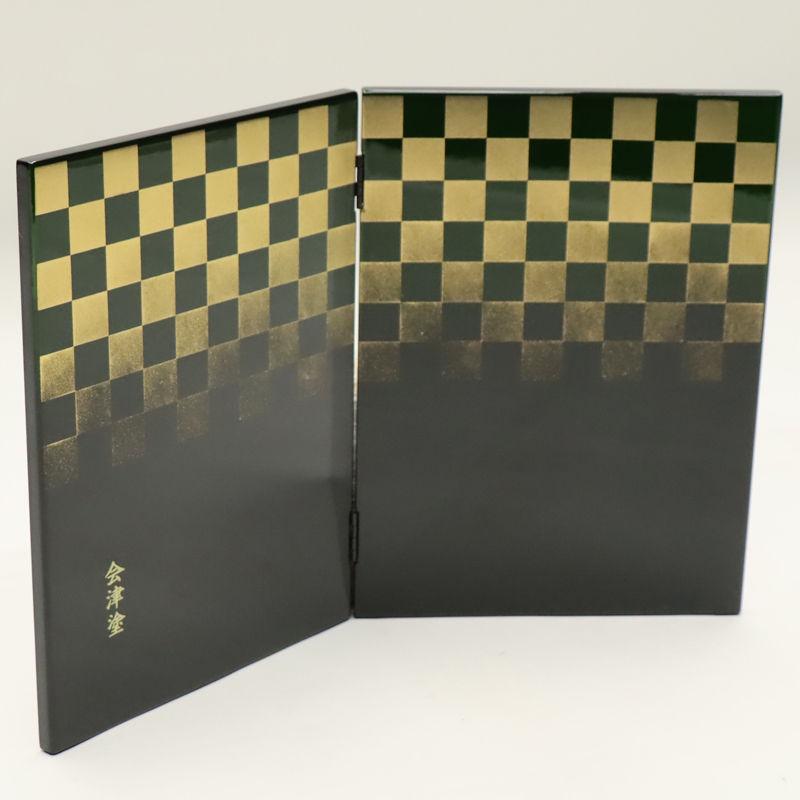 アウトレット品 屏風 単品 27cm 緑ぼかし金市松 二曲屏風 黒 24a-ya-0236の画像