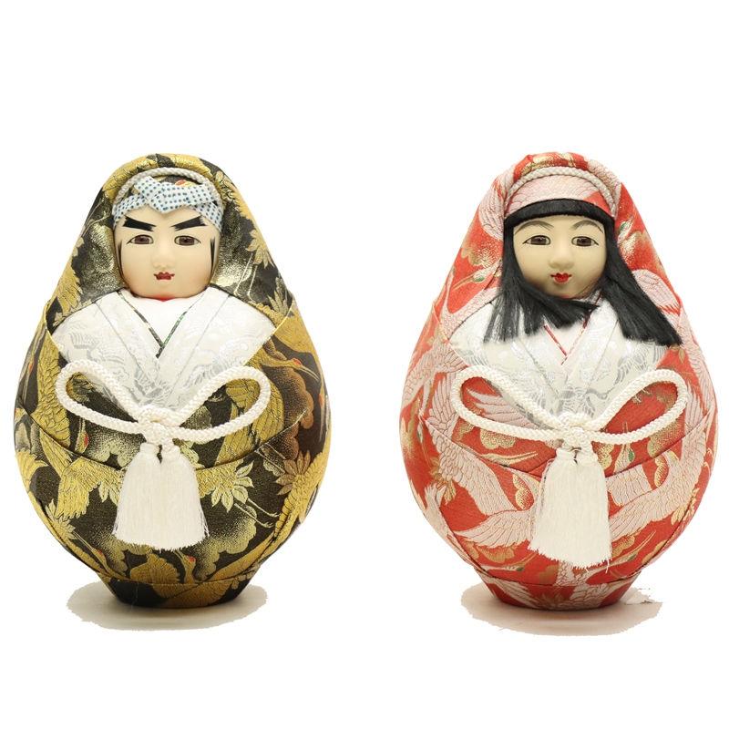 アウトレット品 民芸品 姫だるま 殿・姫ペア 4号 金襴 鶴柄 縁起物 24a