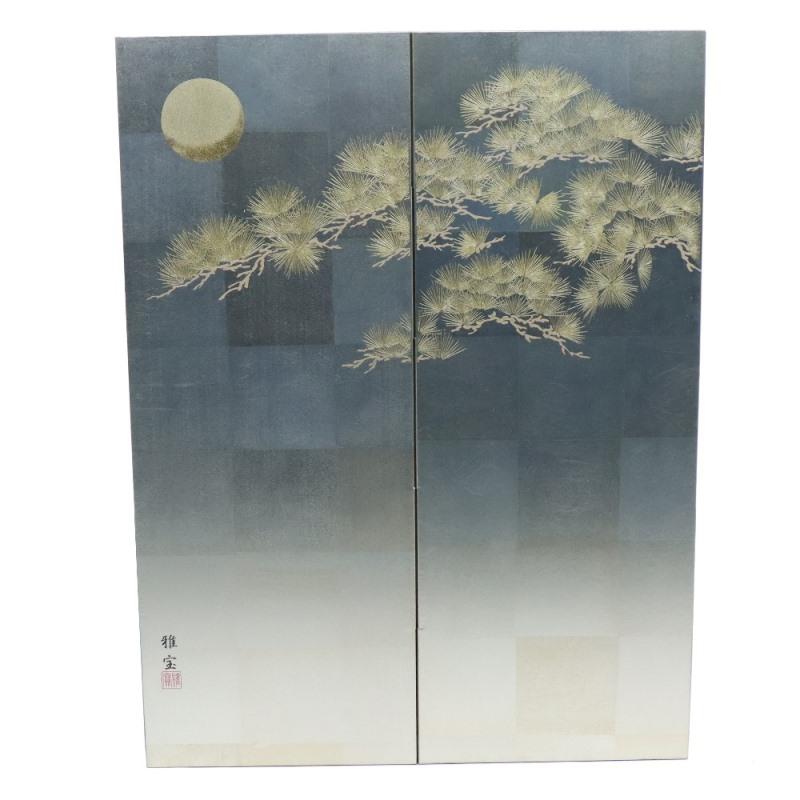 アウトレット品 屏風単品 二曲屏風 4尺 古代銀 月に松 レトロ アート