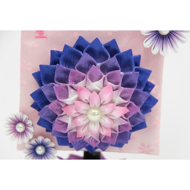 名前旗 つまみ細工花 青 ピンク糸刺繍文字 （小） つまみ細工花